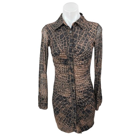 Fashion Nova Brown Black Snakeskin Long Sleeve Button Down Shirt Mini Dress S - Picture 1 of 5